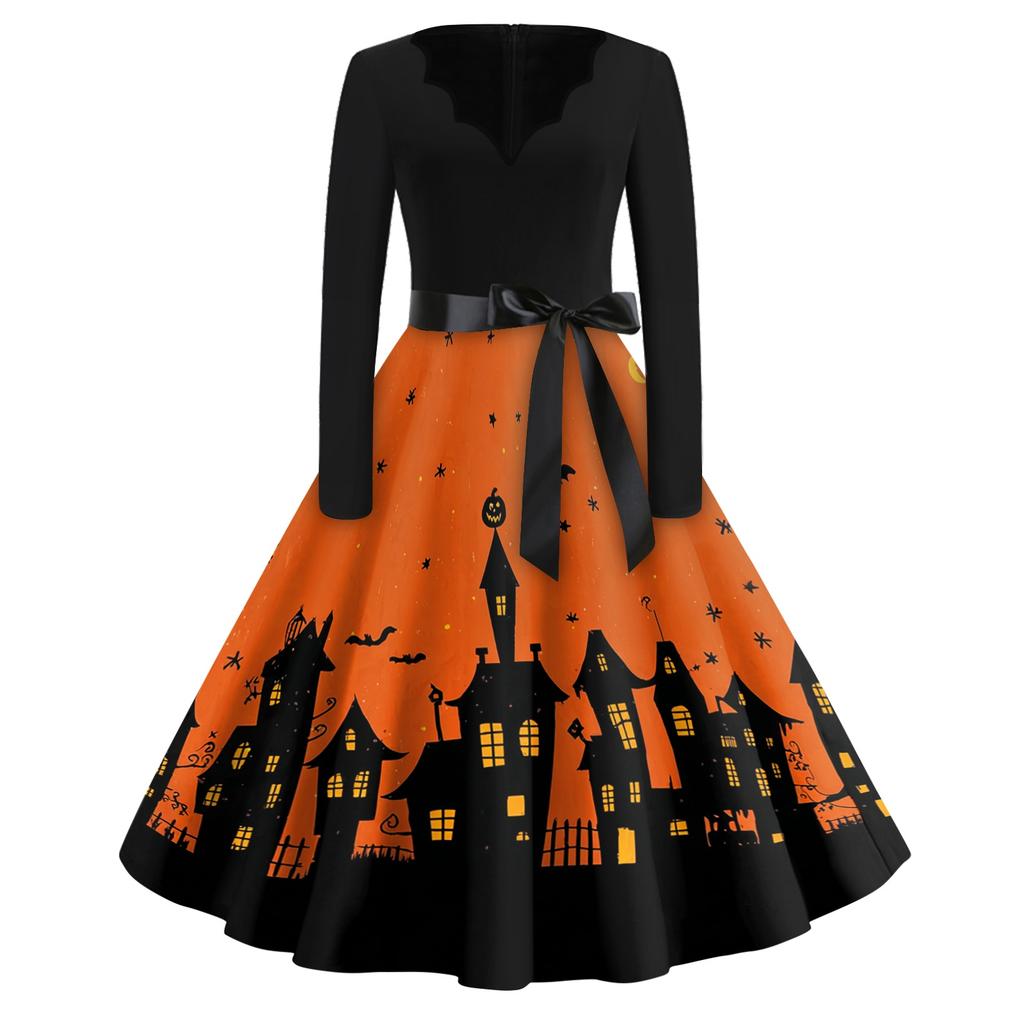 Women's Vintage V Neck Long Sleeve Halloween Print Casual Dress with Flared Skirt and Waist Tie for Seasonal Events