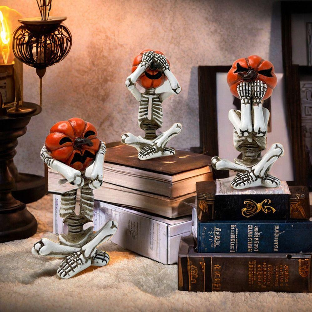3Pcs/Set Resin Craft Pumpkin Head Skull Doll Realistic Halloween Skeleton Figurines  Dead Decorative