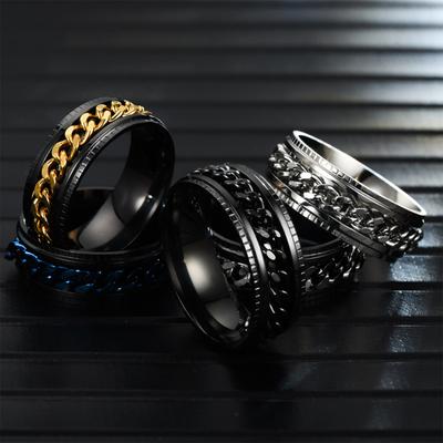 Men Ring Simple High Polished Fashion Jewelry Rotating Chain Inlaid Finger Ring for Party