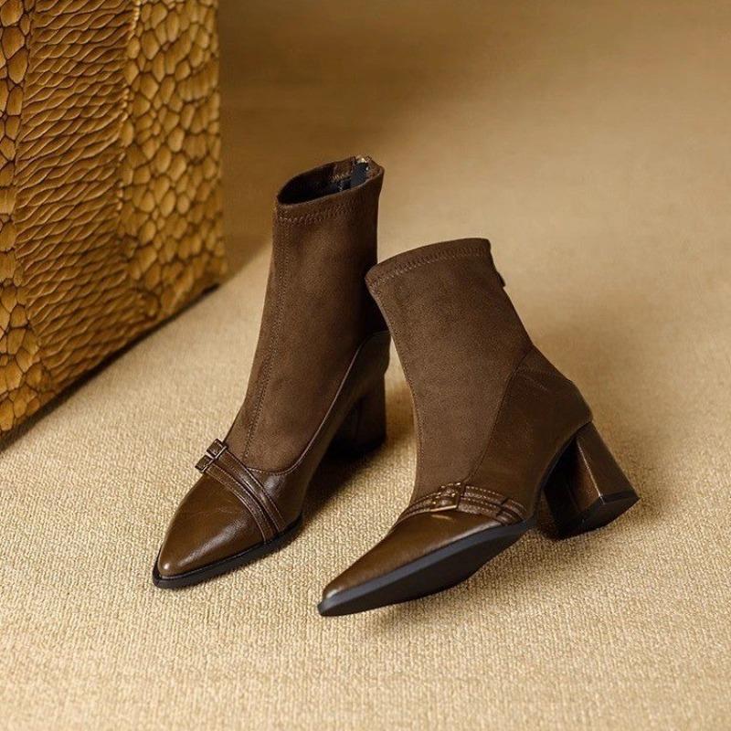 Fashion French Vintage Brown Booties Women Block Heel Fall Winter 2025 New Paneled Stretch Skinny Boots Pointed Toe Pump Shoes