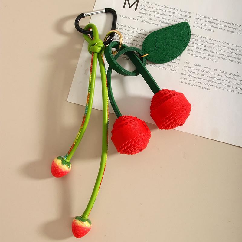 Cherry Strawberry Keychains For Purse Handbags Bag Charms Leather Green Leaf And Red Cherry Bag Charm Cute Fruit Keychain