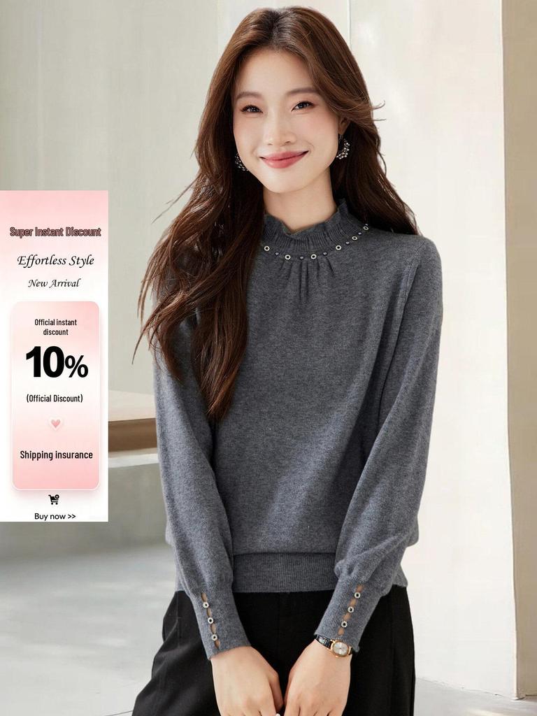 Chic Beaded Ruffled High Neck Knitwear Top for Women - Slimming & Versatile, Perfect for Early Autumn