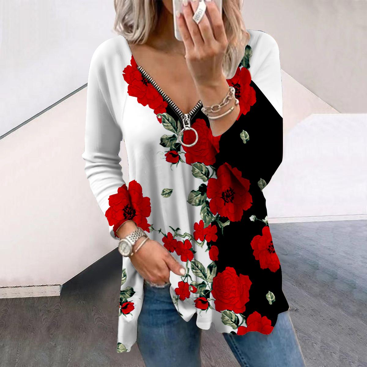 

Жіночі осінні футболки з довгими рукавами з квітковим принтом і яскравими трояндами, вільні футболки з v-подібним вирізом, плюс розмір, зручна блуза 8XL червоний