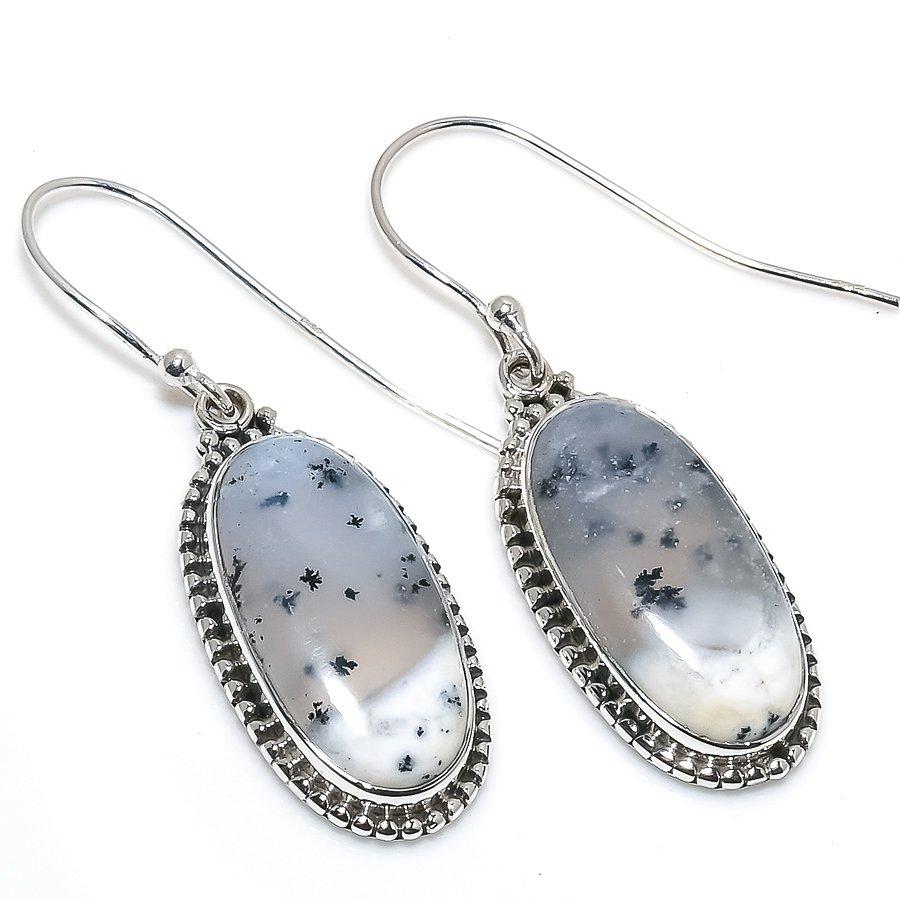 Natural Dendrite Opal Gemstone 925 Solid Sterling Silver Gift Earring 1.50" v9Z24
