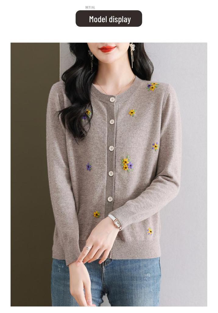 Women's Floral Embroidered Pure Wool Knit Cardigan Sweater