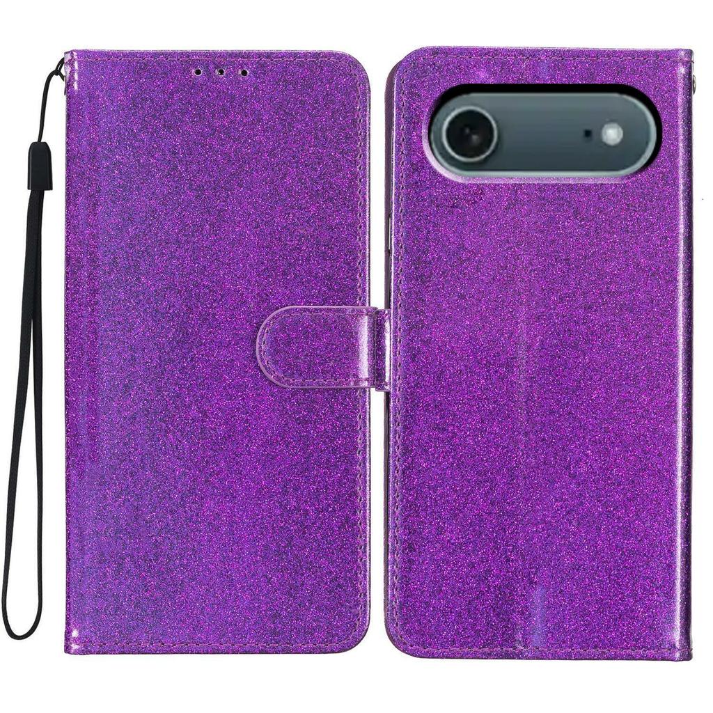 For iPhone 17 Air Wallet Case Glitter Anti-Scratch Leather Stand Phone Cover with Strap