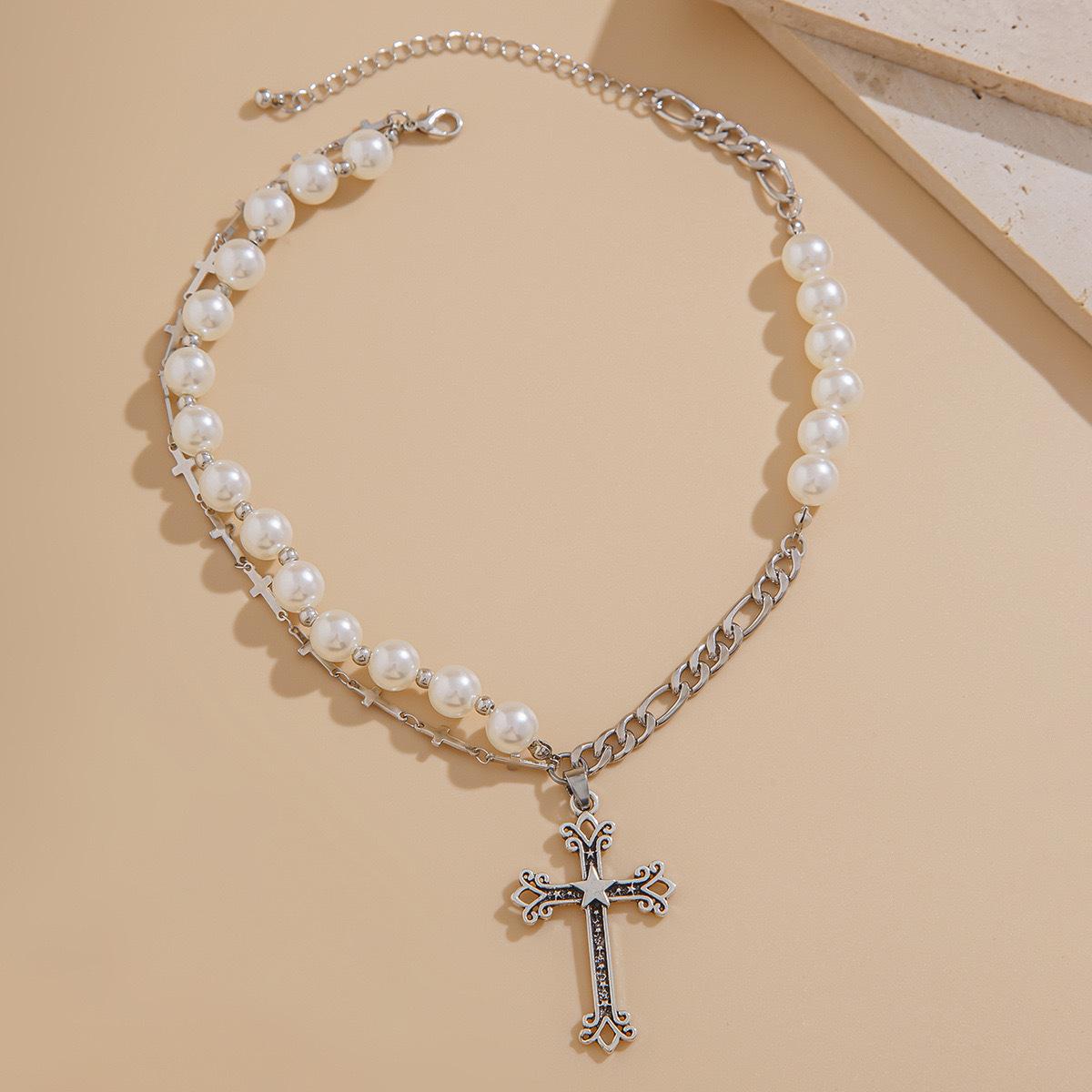 

Жемчужный крест полый кулон ожерелье ретро премиум ключичная цепочка легкая роскошь универсальные нишевые украшения женщины