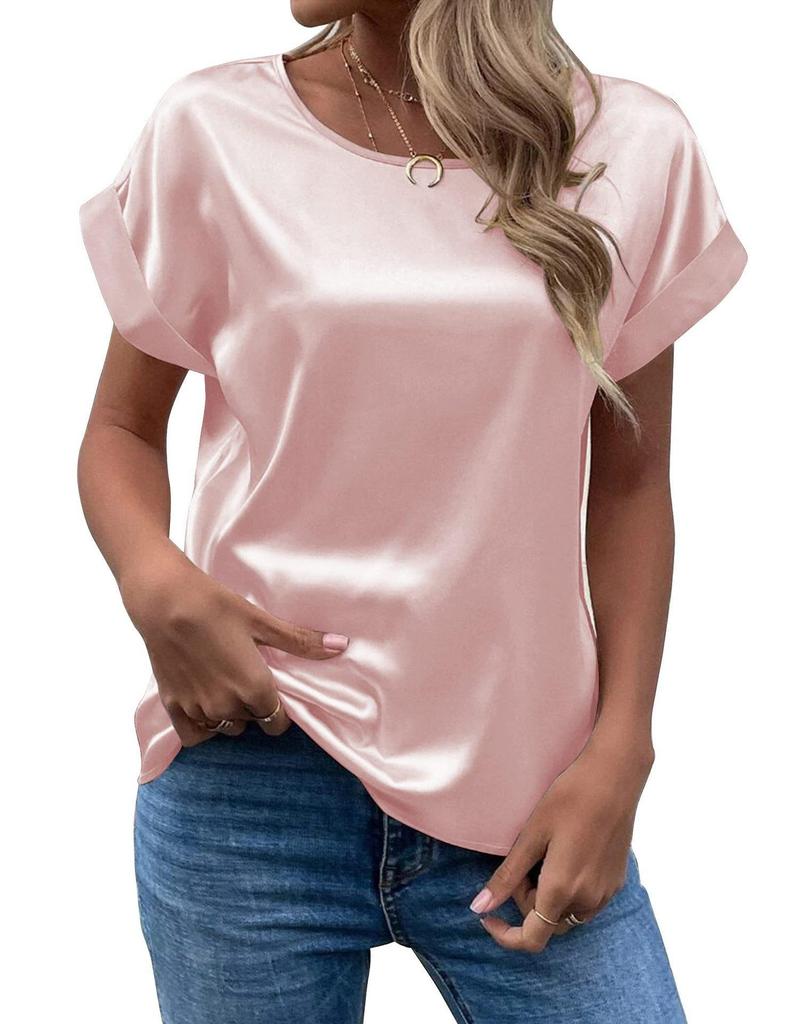 Women's Satin Pullover Round Neck T-shirt, 14 Elegant Colors, Summer Fashion 2026