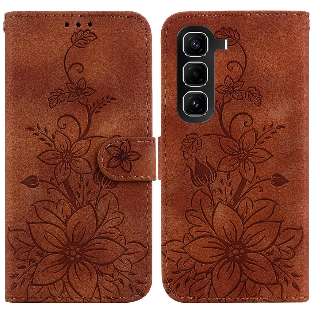For Infinix Hot 50 Pro 4G Stand Case Lily Flower Imprint Leather Phone Cover with Wrist Strap