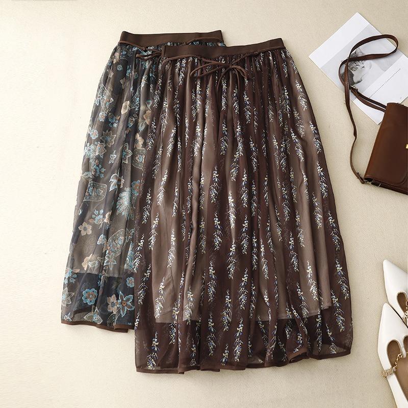 Summer new literary loose chiffon floral skirt women's medium and long anti-penetration gauze skirt A-shaped skirt