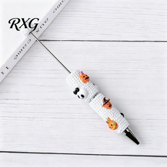 Pumpkin Shaped Ballpoint Pens Halloween Rhinestone Beadable Pen, DIY Sparkly Cat Ghost Plastic Beaded Spooky Stationery Glitter Black Ink Pen