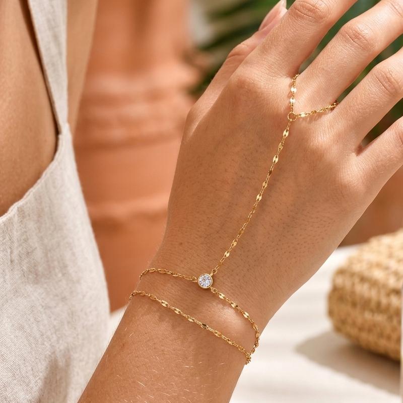 Bracciale Anello a Catena a Mano in Acciaio Inossidabile per Donna, Braccialetti Dita a Doppio Strato Placcati Oro Regolabili, Gioielli per Feste Estive