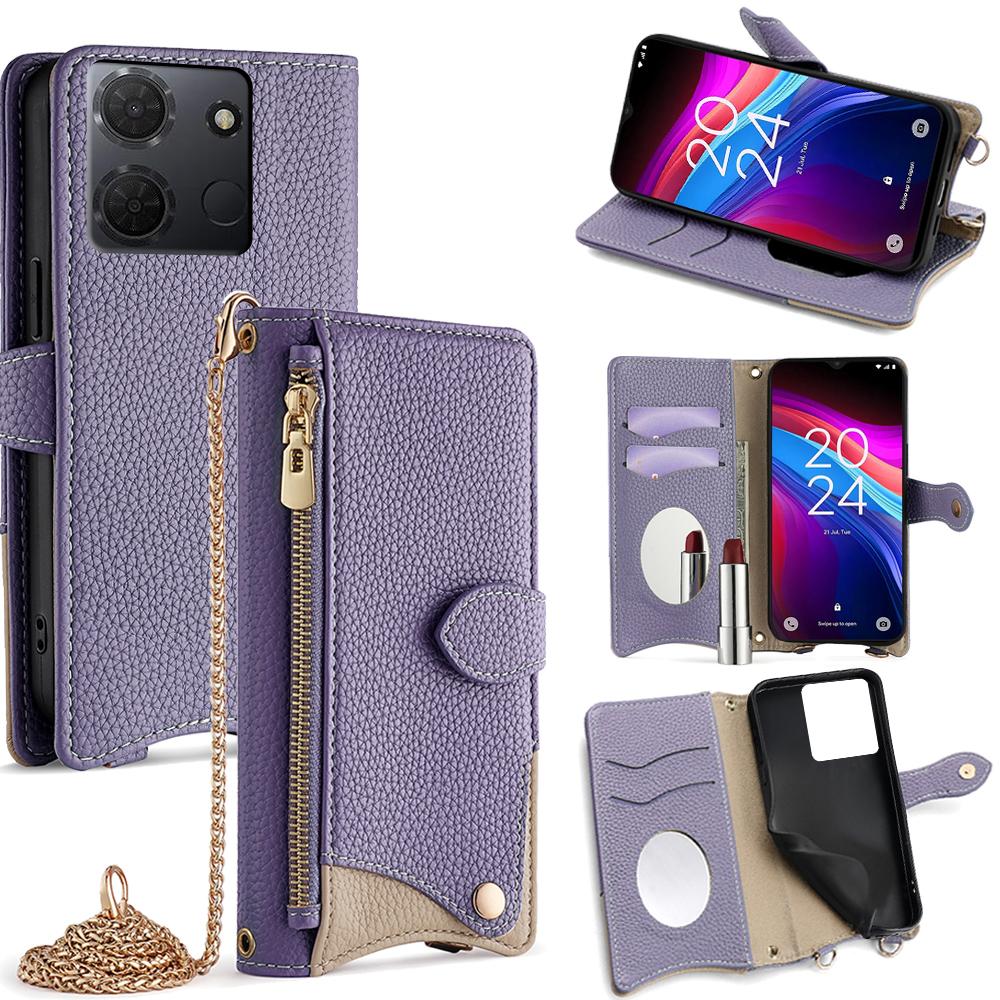 

For TCL 503 Wallet Case Fishtail Design Leather Phone Cover with Mirror/Stand/Strap Purple