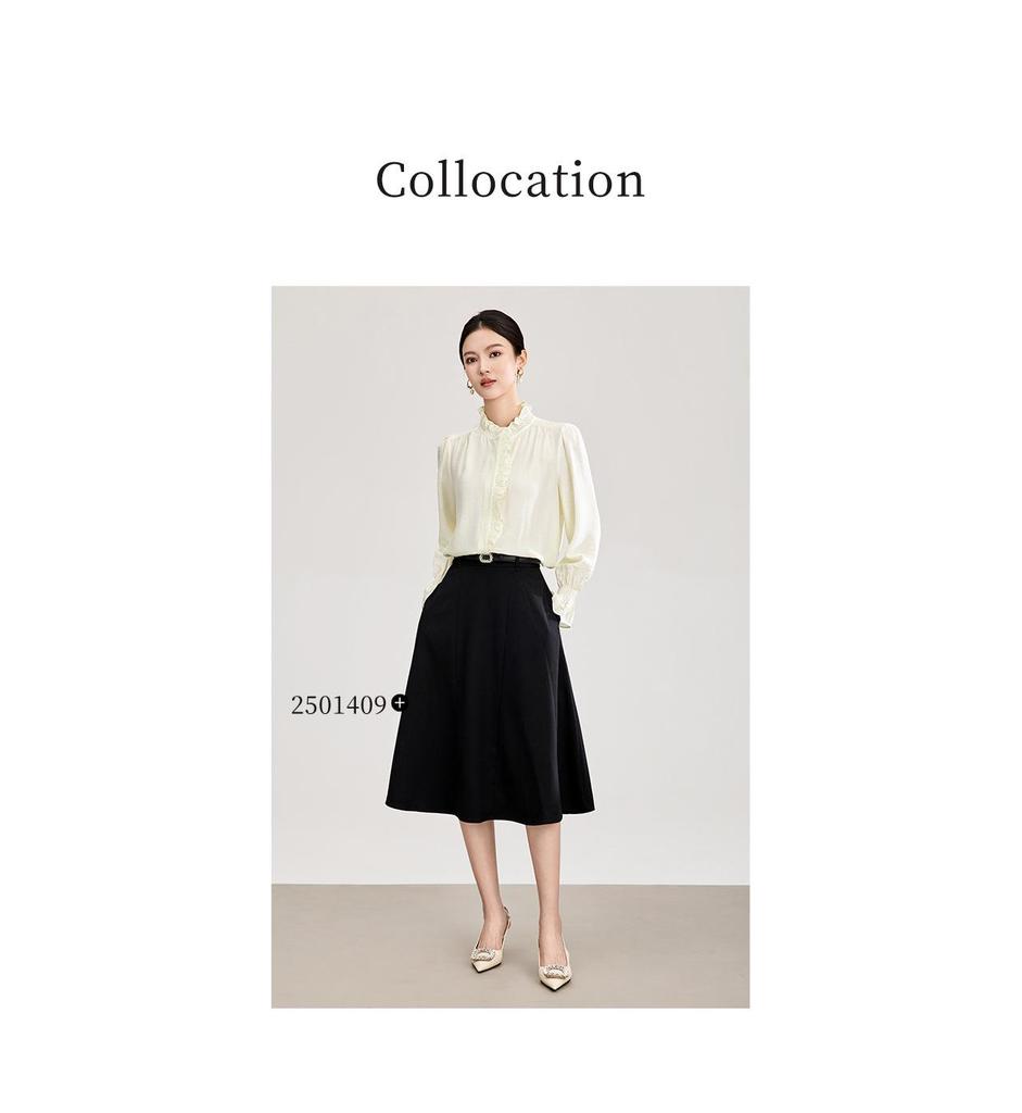 Nanyou Hofstil Tencel-Hemd: Damen Elegantes Krepp-Gefühl, Holzohr-Rand, Stehkragen, Frühlings-Oberteil