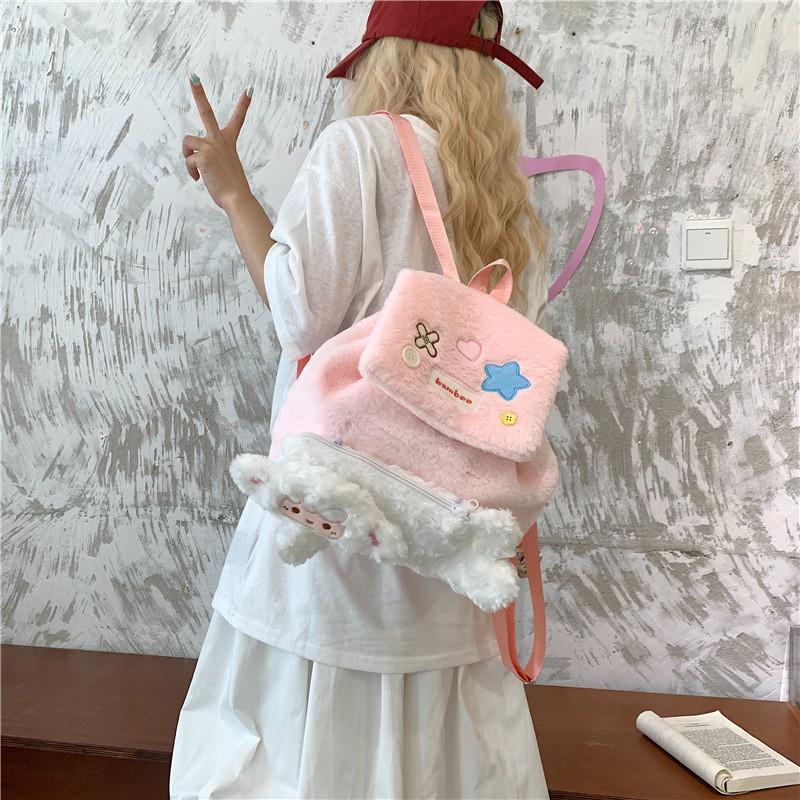 Cartoon Cute Pink Sheep Plush Backpack Large Capacity Soft Design Girls Teen