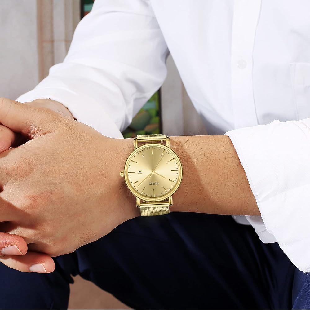 BUREI Men's Analog Watch Waterproof Simple Milanese Mesh Band Gold
