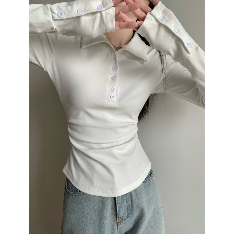Kumikumi New Arrival Graceful Gray Polo Collar Long Sleeves T-shirt Women Autumn All-Matching Slim Fit Slim Bottoming Top