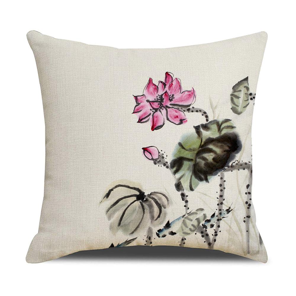 Chinese Style Series Ink Flower and Grass Print Pillow Linen Print New Chinese Style Home Sofa Pillow Living Room Bedroom