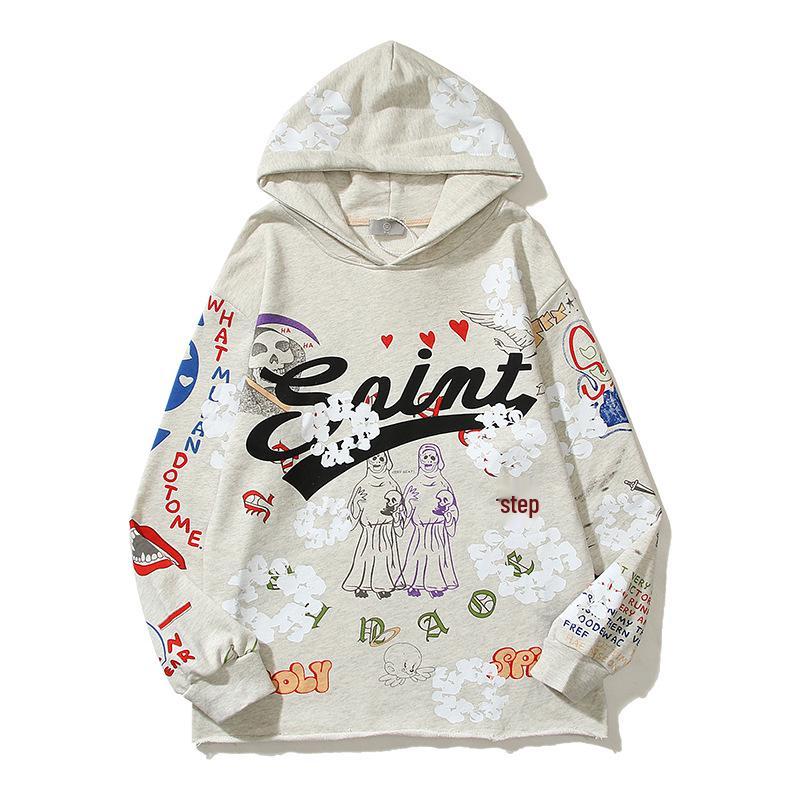 

2024 Unisex Vintage Ripped Hoodie with Graffiti Print – Loose Fit, Autumn/Winter Trendy XXL абрикосовий