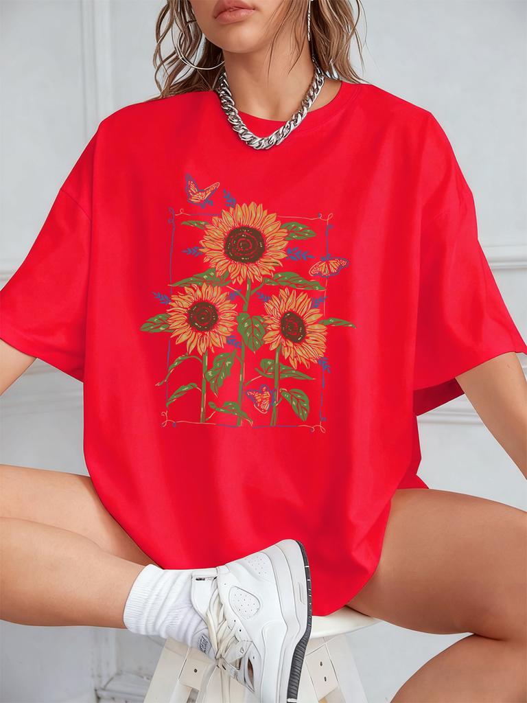 Sunflower Oil Printing Prints TShirts Womens Summer Cotton Short Sleeve T Shirt Loose ONeck Comfortable Tops Casual Clothes