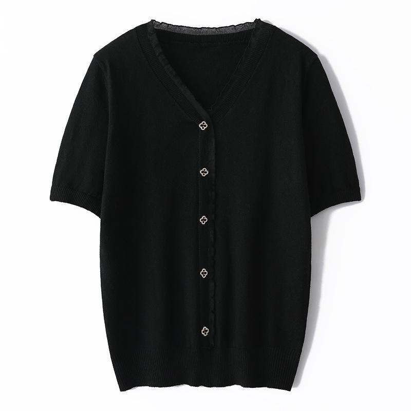 

Кардиган вязаный с V-образным вырезом, женский летний новый, мягкий, восковой, дышащий, из шерсти, с рукавом три четверти S чёрный