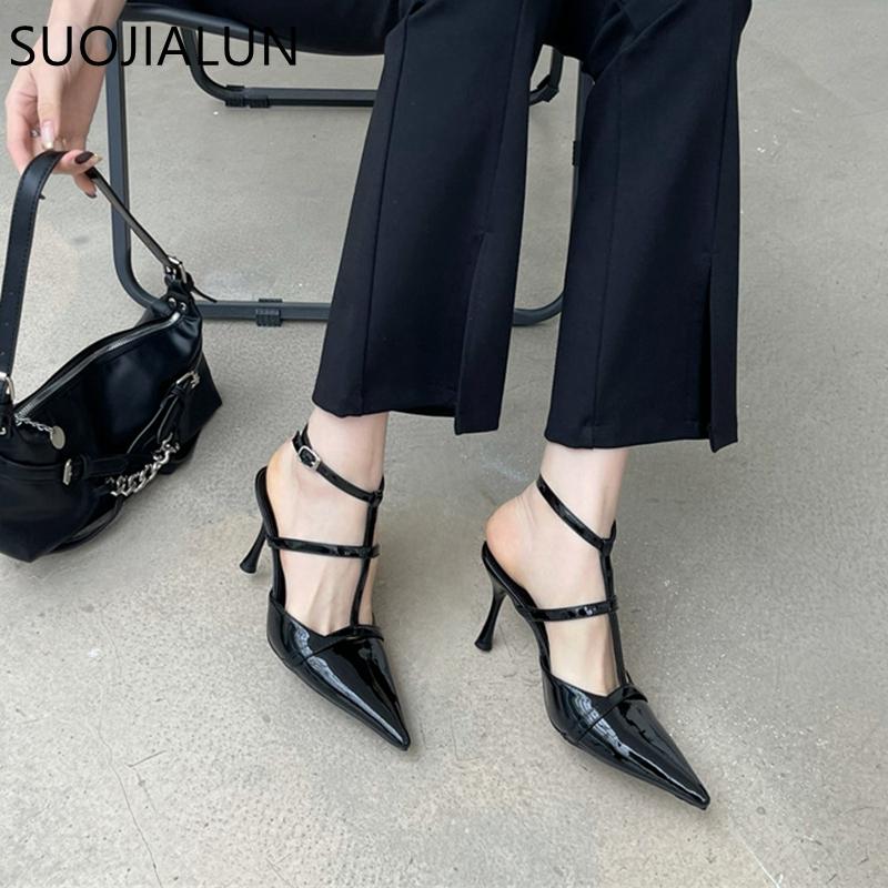 Mode SUOJIALUN 2025 Frühling Neue Spitzschuh Damen Sandale Mode Knöchelriemen Dünner Hoher Absatz Damen Elegante Pumps Kleid Slingback Schuhe