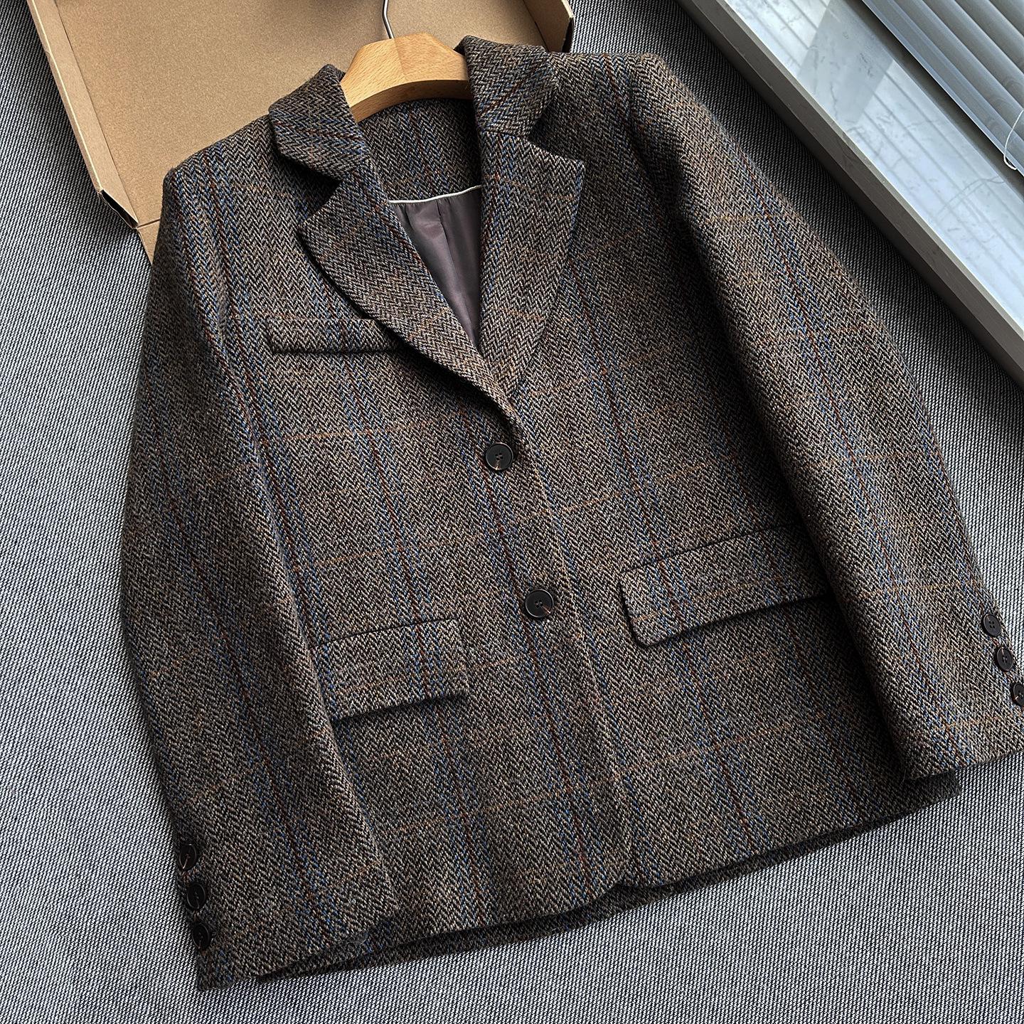 

Западный ретро шерстяной пиджак-костюм в елочку из Сеула - Повседневный, приталенный, со стандартным дизайном плеч Large