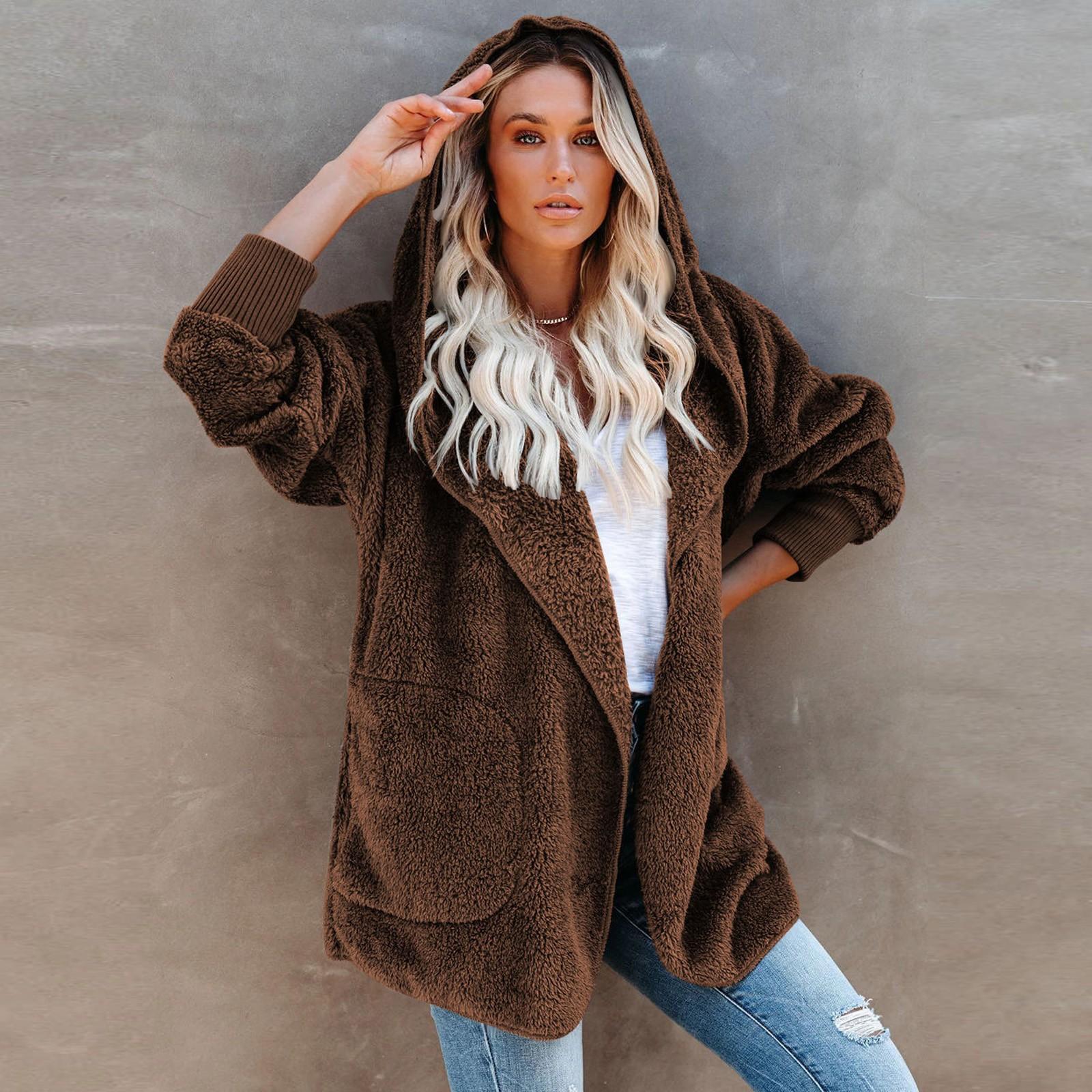 Женская зимняя мода, повседневный флисовый кардиган, флисовая куртка-кардиган с капюшоном XL коричневый