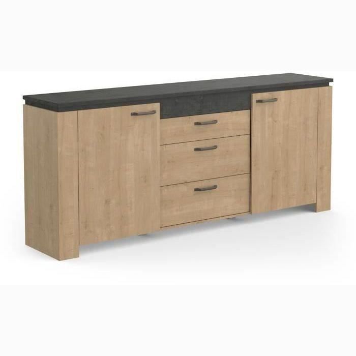 Ensemble Séjour - AUSTIN - Table salle à manger 170x90 cm - Vitrine - Enfilade 2 portes - Chêne Hamilton et gris