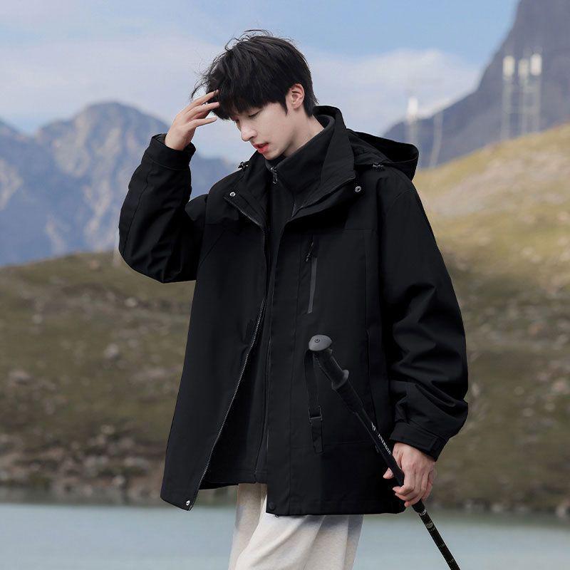 Men's Three-in-One Windproof Waterproof Hooded Mountaineering Jacket - Autumn/Winter Detachable with Plus Velvet