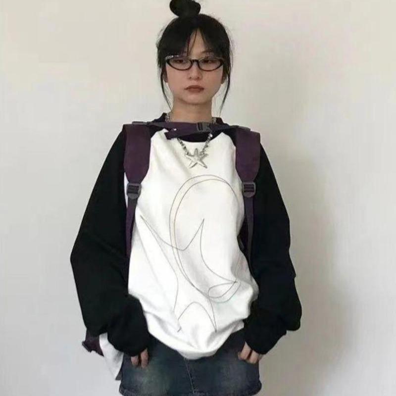 2KWEIRD Y2k Aesthetic Long Sleeve T-shirt Women Star Print Loose Graphic TShirt Fairy Grunge Vintage Tee Shirts Femme Emo Tops