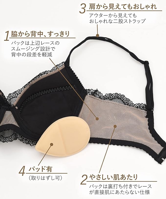 Bra Wing Lesiage Stylish straps that can be seen even under outerwear cup PB1000 KO C70 [Wing/Wacoal] two-way [1000 Series] 3/4 Women's