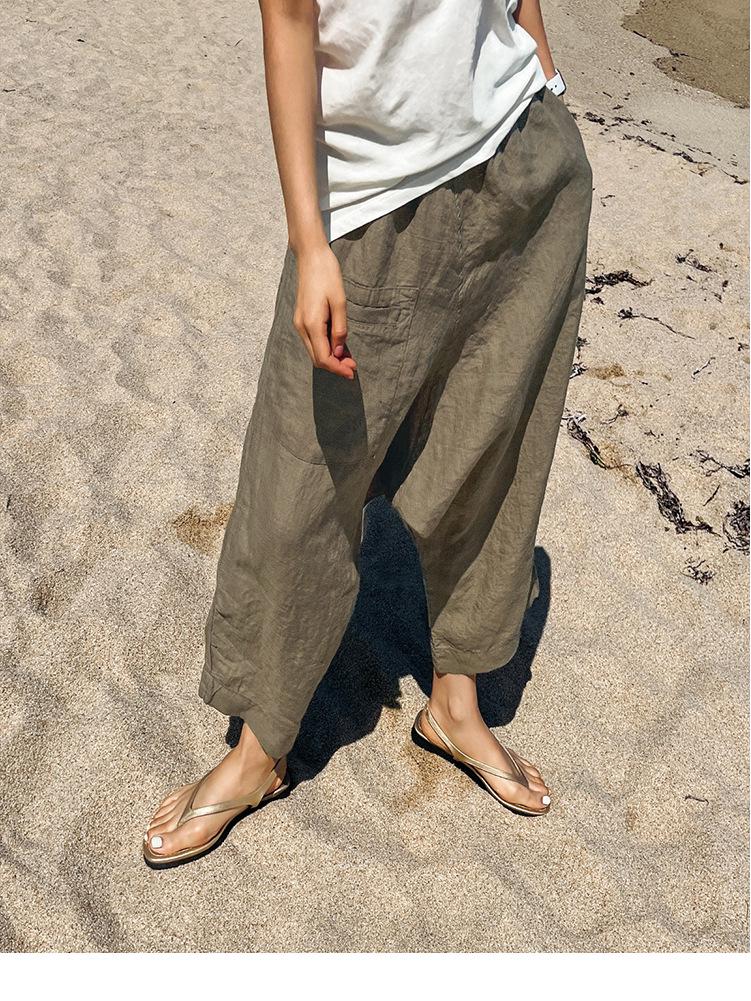 New Spring/Summer Textured Linen-Cotton Cropped Wide-Leg Pants with Elastic Waist and Pockets.