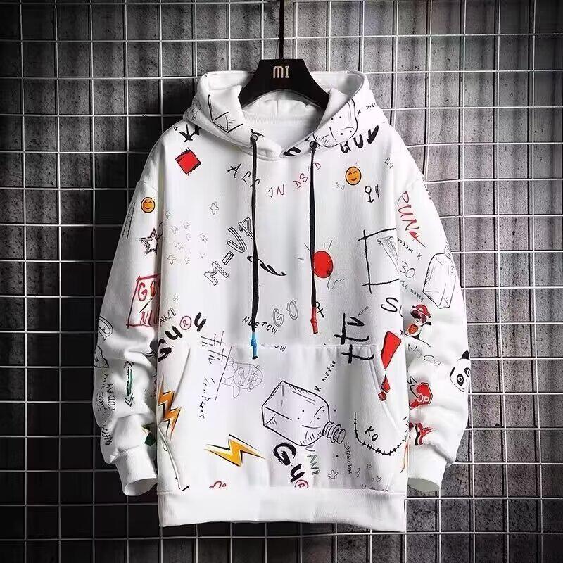 Graffiti Kreslený Anime Potisk Korejský Styl Mikina s Kapucí pro Školáky - Tenká Jarní/Podzimní Pánská Bunda