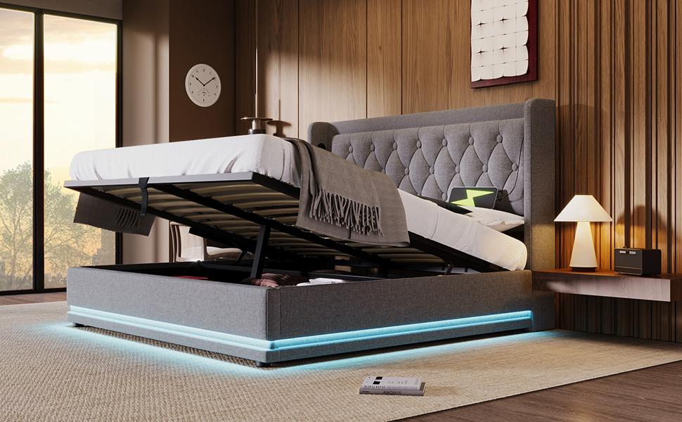 Gepolstertes Doppelbett 160*200 cm, graues Baumwoll-Hydraulik-Stauraumbett, Kopfteil mit USB Typ-C Ladefunktion, 3-seitige LED (Matratze nicht enthalten)