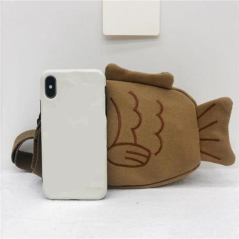 Fish Shape Canvas Messenger Bag Fashion Cute Embroidery Portable Zippered Small Purses Handbags Mini Crossbody Bag