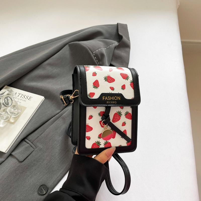 Light Blue Cherry Print Mini Crossbody Bag Cute PU Leather Phone Bag With Cherry Charm Daily Shopping Fashion Purse