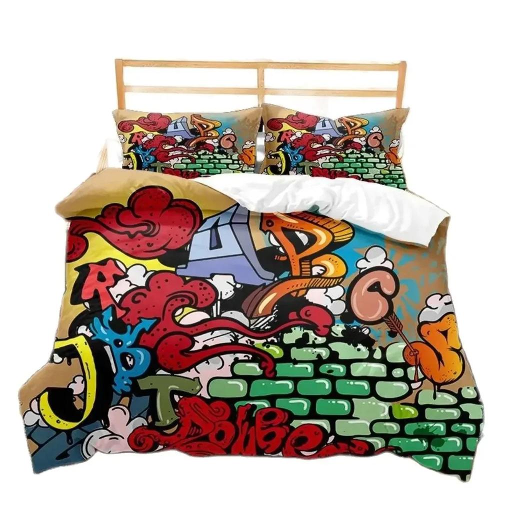 Hippie Graffiti Bedding Set Teens Adults Hip Hop Duvet Cover Set King Queen Size Youth Comforter Cover Modern Street Art Cover