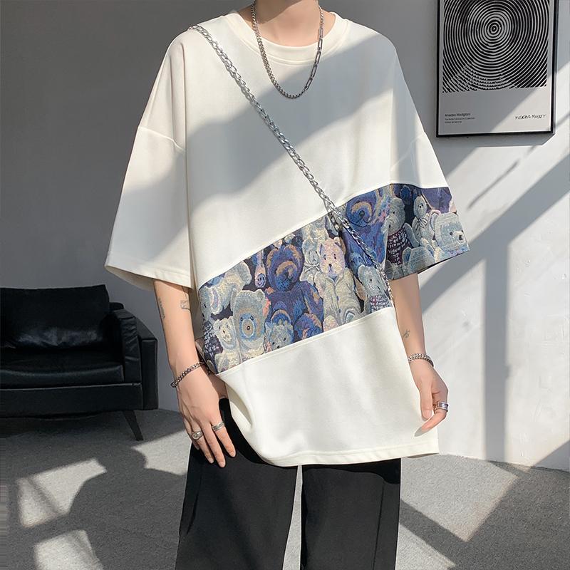 Plus Size Half Sleeve Print Patchwork Street Casual Tops Summer New Short Sleeve Loose Korean T Shirts Fashion Trend Men Clothes