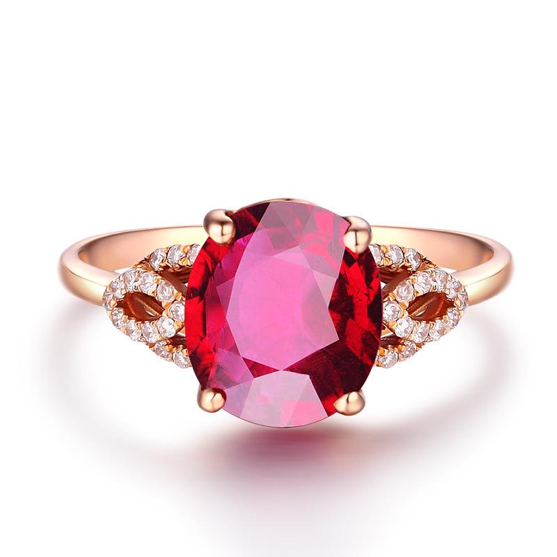 18K Rose Gold Plated Pigeon Blood Red Tourmaline Open Ring with Diamonds for Women
