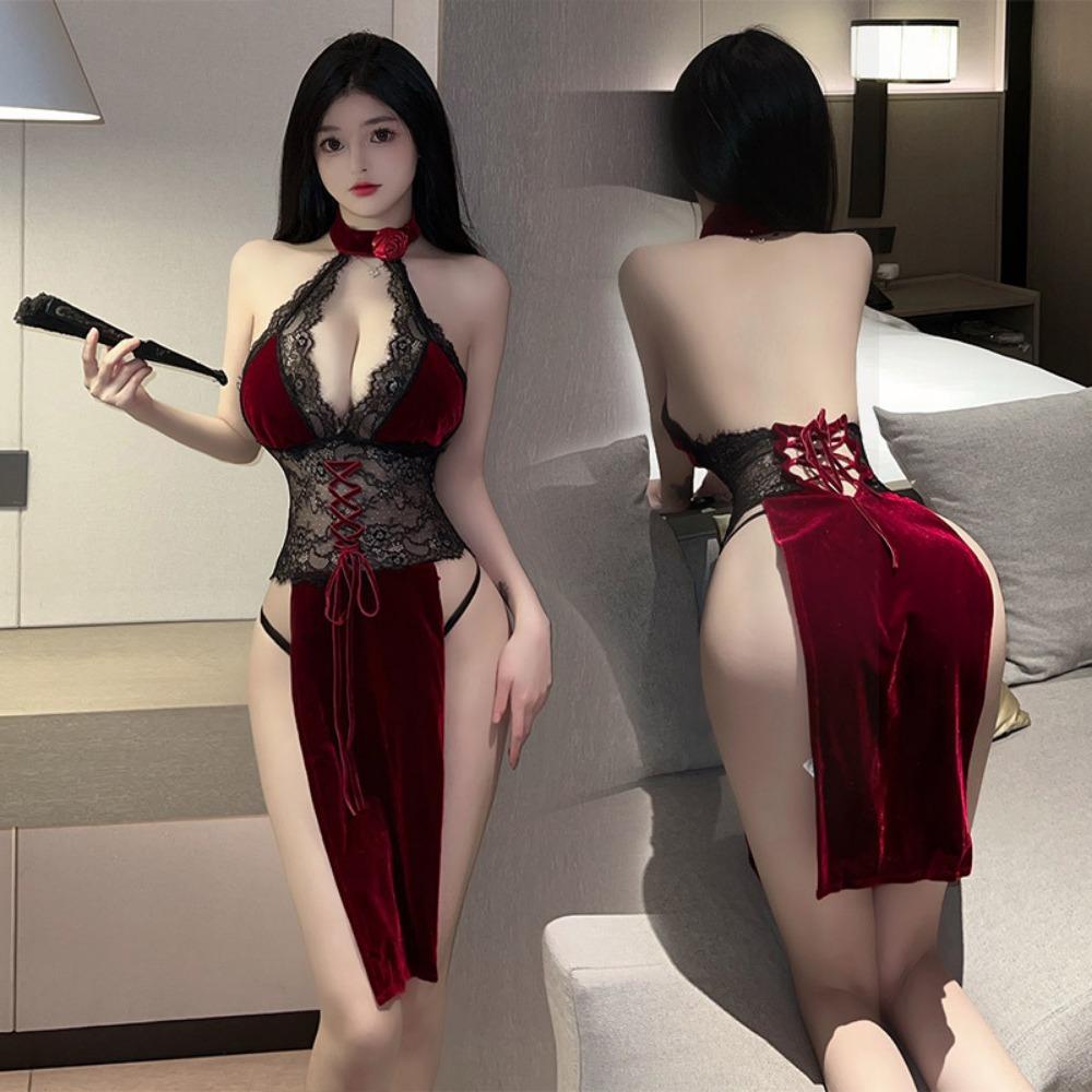 Hollow Backless Lace Cheongsam Sexy Revealing Convenient Dress Easy To Take Off Private Bedroom Nightdress
