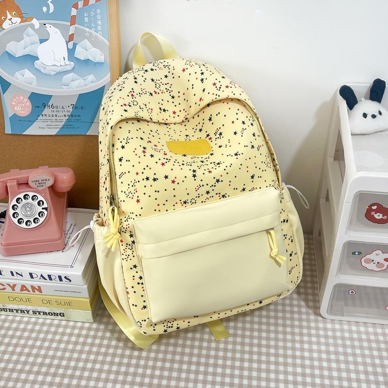 Star Print Backpack with Front Pocket and Side Drawstring Pockets for School and Casual Use