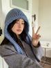 Blue knitted balaclava hat women's autumn and winter warm big head circumference wool hat scarf integrated Lei Feng hat