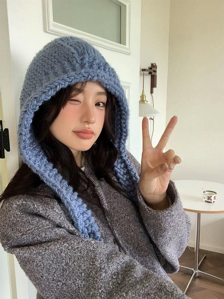 Blue knitted balaclava hat women's autumn and winter warm big head circumference wool hat scarf integrated Lei Feng hat