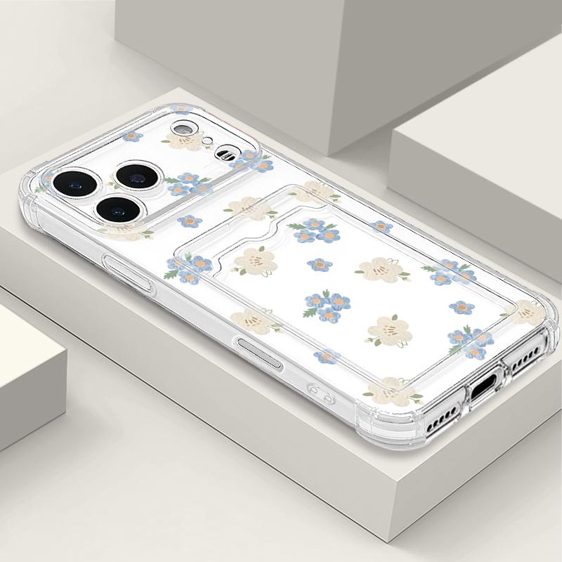 Silicone Cover For iPhone 16 Pro Max Funda iPhone 17 Air 15 14 13 12 Pro Max 11 colorful Small Flowers Pattern Case Insert the card Silicone Cover
