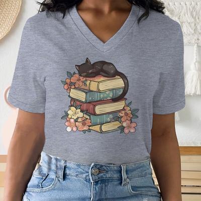 Camiseta de Manga Corta con Cuello en V para Mujer Estampado Divertido de Mamá Gato y Amante de los Libros Ropa Urbana Unisex Estilo Vintage Lector de Libros Y2K