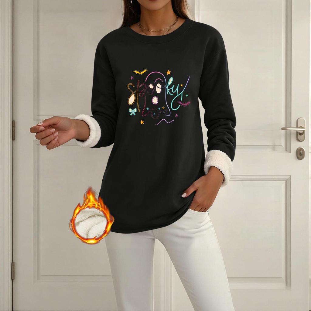 Women's Long Sleeve Round Neck Top with Halloween Print, Cozy Winter Casual Pullover