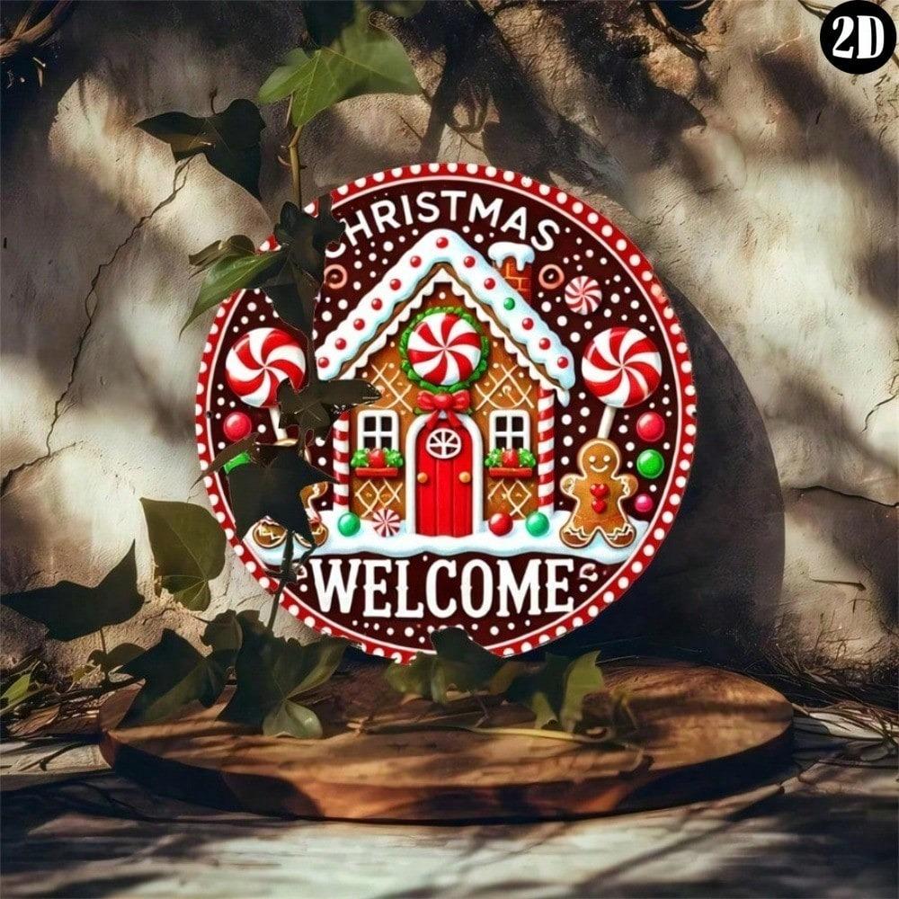 Festive Gingerbread House Metal Wall Sign Christmas Welcome Door Decor Red White Holiday Home