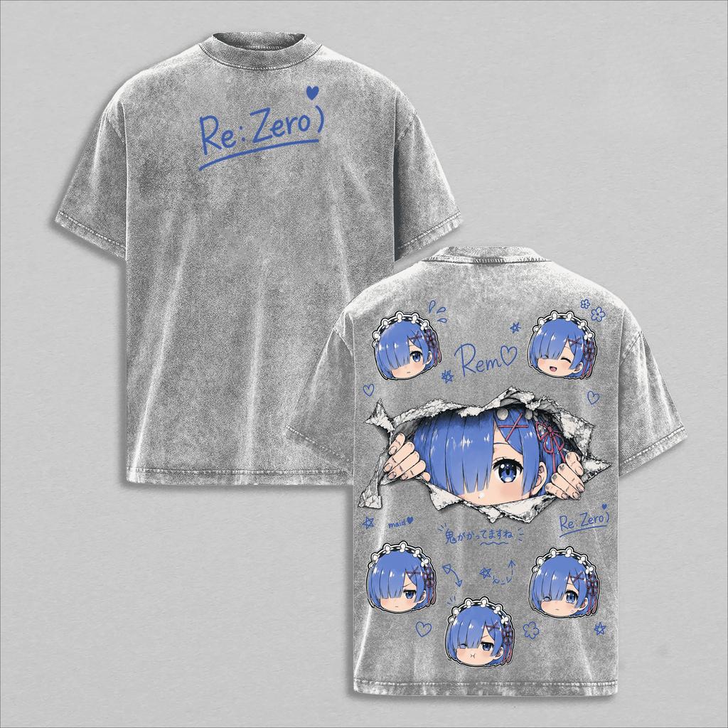 Rem Re:ZERO T-shirt Anime Carina Gotica Vintage Lavata Oversize Estiva Manica Corta Poliestere T-shirt Streetwear Abbigliamento Uomo