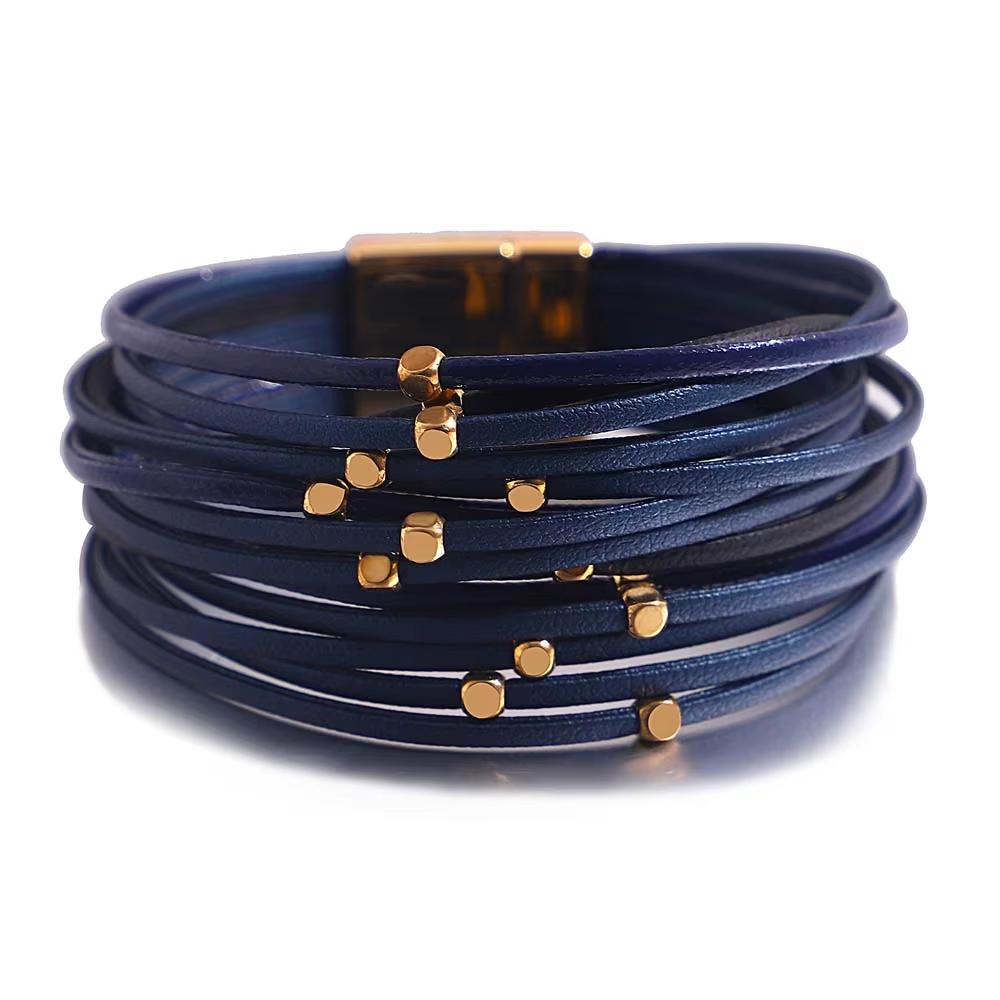 ALLYES Charm Triple Color Leather Bracelet for Women Bohemian Metal Beads Multilayer Thin Strip Wrap Bracelets Fashion Jewelry синий